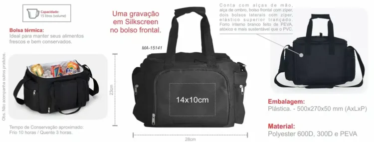 Bolsa Termica Preta Em Polyester 600D 300D E Peva 15L 18578