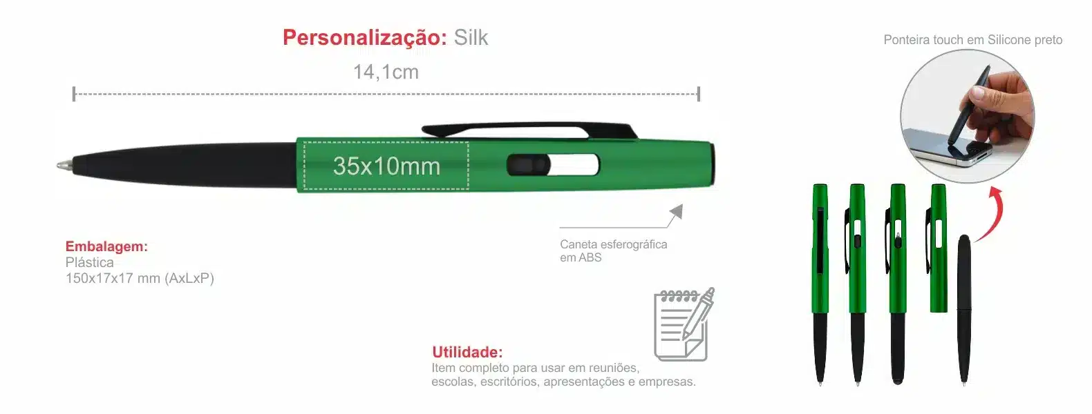 Caneta Esferografica Em Abs Com Tampa E Ponta Touch Verde 18378