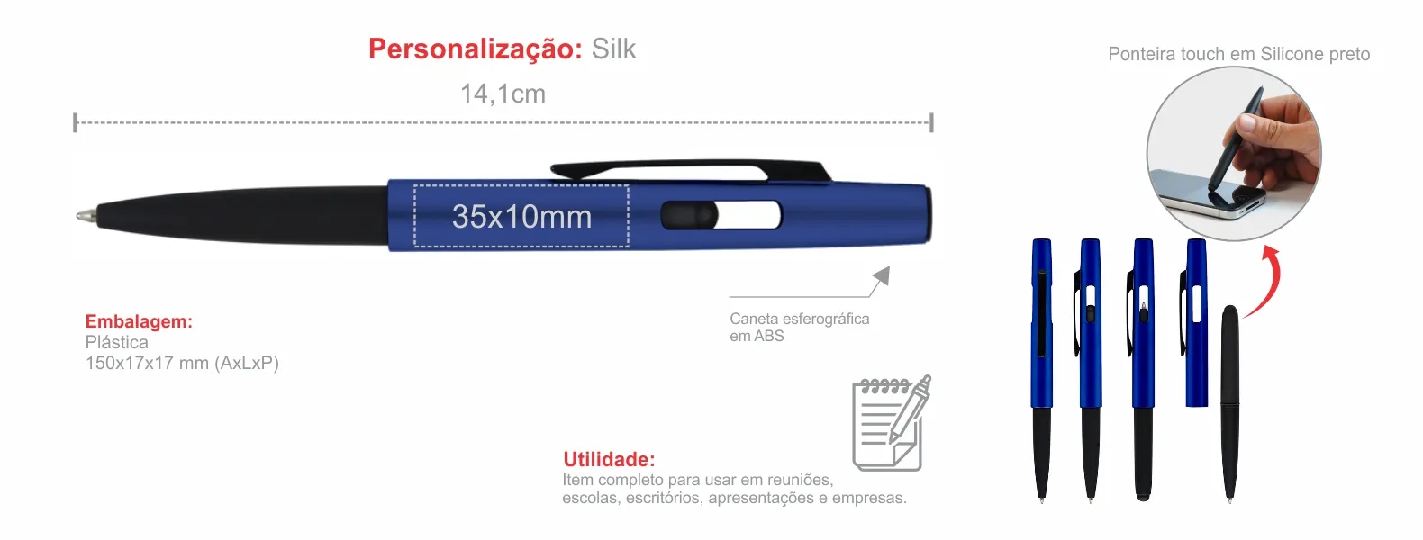 Caneta Esferografica Em Abs Com Tampa Ponta Touch Azul 18380