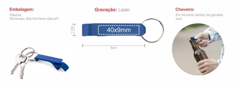 Chaveiro Em Aluminio Abridor De Garrafas Azul 18321