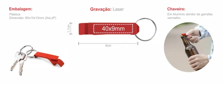 Chaveiro Em Aluminio Abridor De Garrafas Vermelho 18315