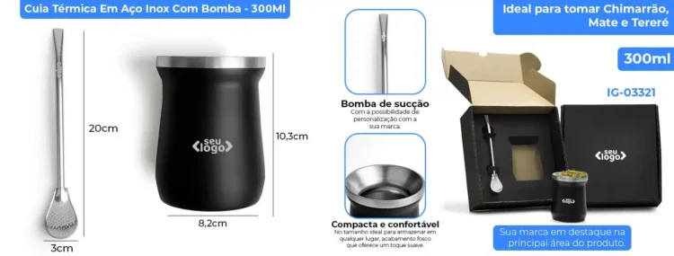 Cuia Termica Em Aco Inox Com Bomba Preto 300Ml 20875