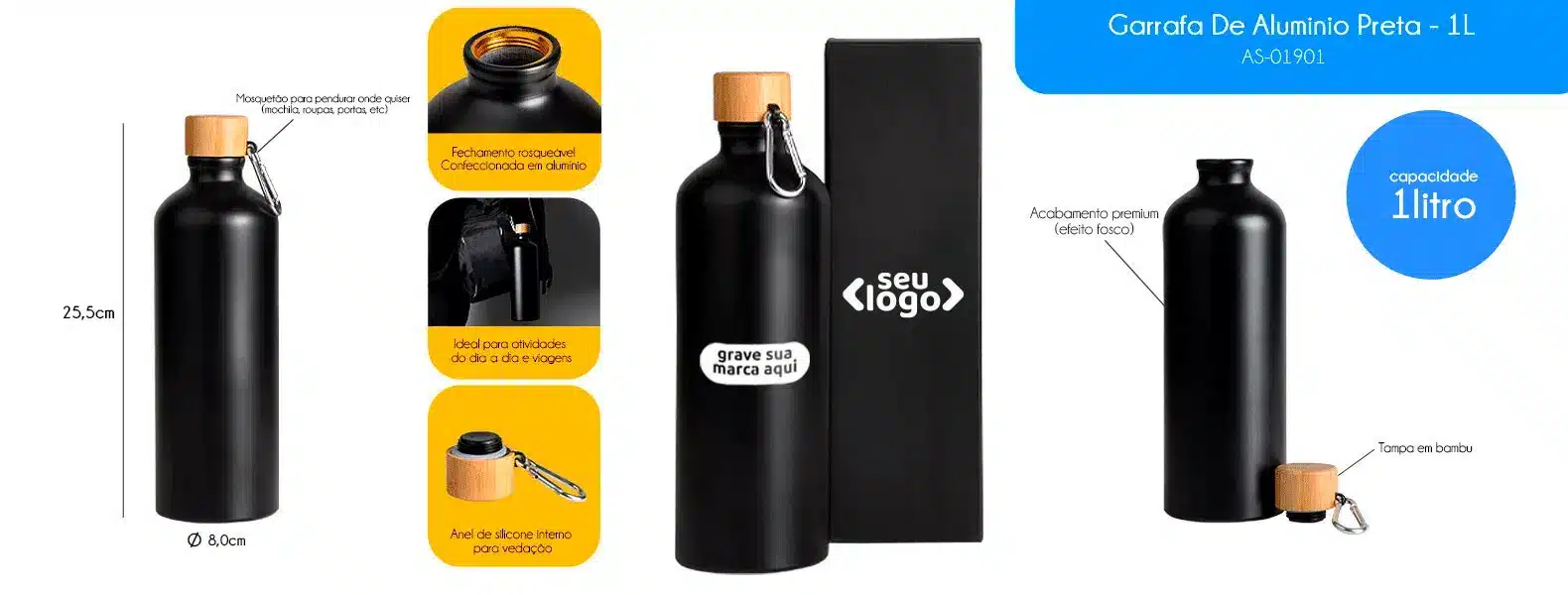 Garrafa De Aluminio Preta 1 Litro 20648