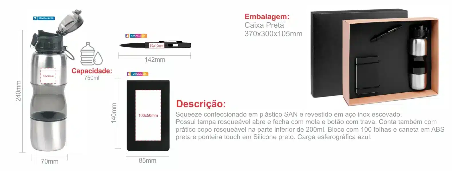 Kit Escritorio Com Squeeze Bloco De Anotacoes E Caneta 18568