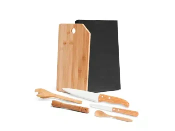 kit para bar em bambu monaco com facas e tabua 6 pcs 18896