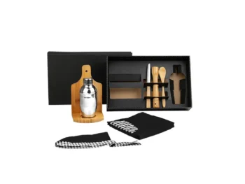 kit para caipirinha em bambu com avental e bandana 8 pcs 19556