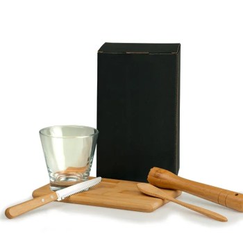 kit para caipirinha em bambu com tabua e socador 5 pcs 19487