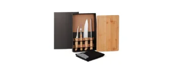 kit para churrasco em bambu com avental tabua e facas 19413