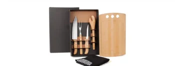 kit para churrasco em bambu inox com avental e tabua 3 furos 19412