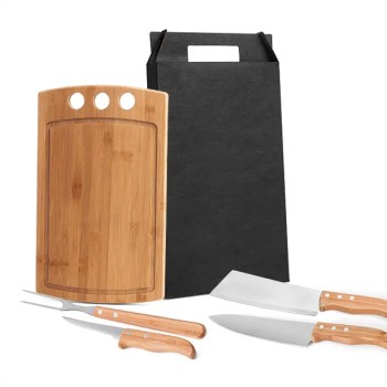 kit para churrasco ou cozinha em bambu inox 5 pcs 19090