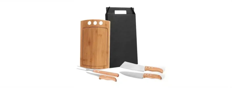 Kit Para Churrasco Ou Cozinha Em Bambu Inox 5 Pcs 19090