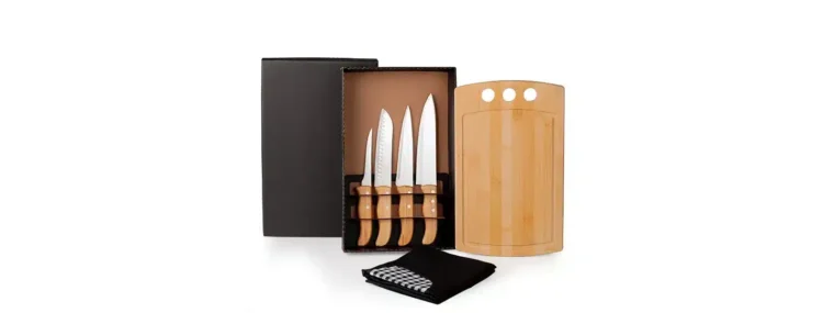 Kit Para Cozinha Em Bambu Com Avental Tabua E Facas 6 Pcs 19404