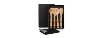 kit utensilios em bambu 30 cm com avental 5 pcs 19401
