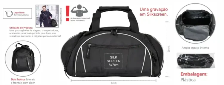 Mala Esportiva Em Nylon Polyester 300D Preto 35L 18691