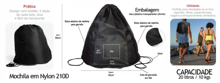 Mochila Sacola Preta Em Nylon 20L 18678