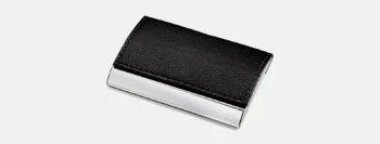 porta cartao em metal cromado e material sintetico preto 9108